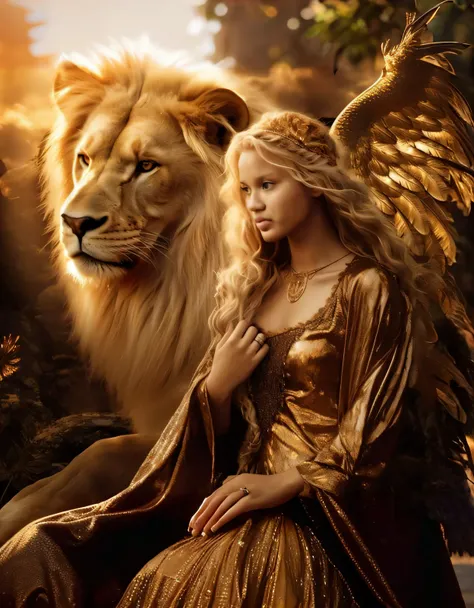 a woman in a golden dress sitting next to a lion, gorgeous goddess of leo, foto de perfil, awesome art, anjo bonito, Armadura Dourada Angelical, mulher da fantasia, Asas douradas, mulher linda, com asas douradas ardentes, fantasia bonita, arte bonita, deus...