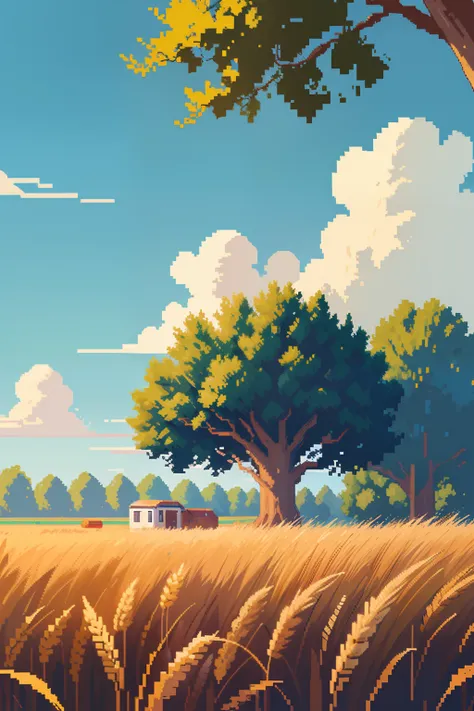 (Pixel art)，2D, the sideview，wheat field，Outdoor·，blue-sky，Small rivers，the trees，Less cloud，Sunnyday，suns，blossoms，In the daytime，wheat，