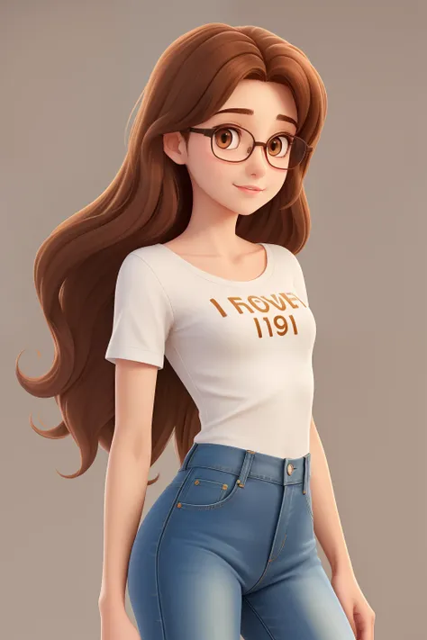 A young woman of 19 years old beautiful with long brown hair, and hazel eyes, short and skinny, glasses, flat chested, wearing denim.