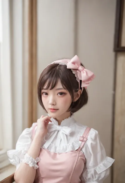 Pink shorthair、Because of the bangs on the left eye、I cant see my left eye when viewed from the front.、１４About the age、His face is Japan person-like.、Red eyes、Maid clothes、White collar independent（Ribbon replaces tie）、Bare skin is exposed on the chest、Whit...