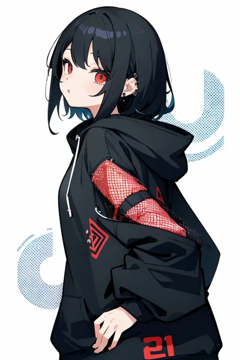 (Top quality illustrations:1.2)、(Cool girl:1.0)、(女の子1人、独奏:1.0)、(Short black hair:1.0)、(Black hoodie:1.0)、(The upper part of the body:1.0)、(ultra-detailliert) 、hight resolution、4k:1.0)、length hair、piercings、Lip piercing、ear piercings、Red mesh