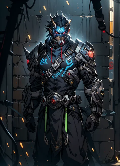 an adult man with messy hair, adorned with a metallic beast mask, his gaze is cold and sharp, a smirk curling at the corner of his mouth, hes clad in a tight-fitting cyberpunk-style shirt, overlaid with a loose jacket, wears high-quality utility pants, his...