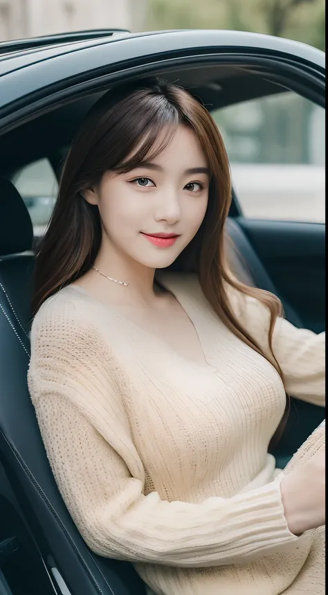 ((Best Quality, 8k, Masterpiece:1.3)), Focus:1.2, Perfect Body Beauty:1.4, Buttocks:1.2, ((Delicate Hair)), (Sweater Dress:1.1) , (Sports car, street: 1.2), Highly detailed face and skin texture, Detailed eyes, Double eyelids, whitening skin, Big breasts, ...