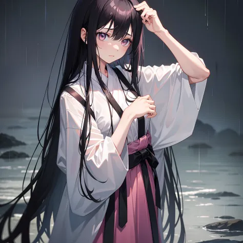 It rained heavily，nigth，Long black hair wet from rain，Pink Long Hair，Desperate look，Raise your head slightly，Hands hung weakly at the sides of the body，Side diagram，校服，roadside