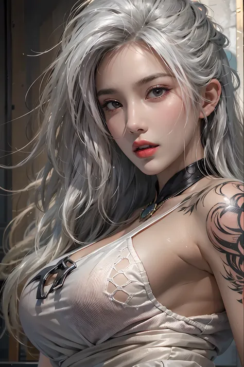 Photorealistic, high resolution, 1womanl, Solo, Hips up, view the viewer, (Detailed face), White hair, Long hair, Medium breasts, Tattoo on the crotch