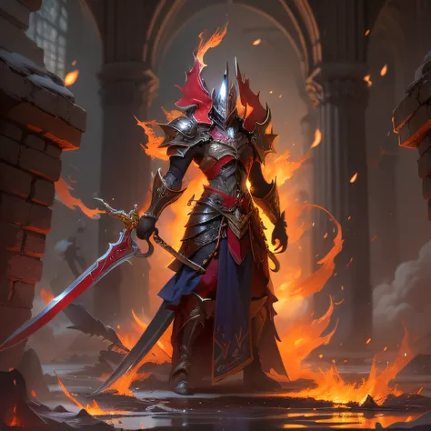 "A scorching sword engulfed in cascading flames, flames flickering along the gleaming blade."