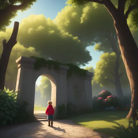 A Magic portal appears between the trees and glows brightly. The portal has ancient runes on its surface. In the background a garden with colorful flowers and leafy trees. In the foreground and looking back at the portal, there is an 8-year-old boy wearing...