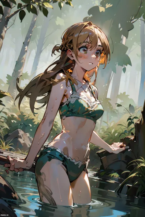 sfw,Girl with blonde hair and freckles,Girl swiming In The forests river,1girl in,Blonde hair,Side tail,offcial art,Unity 8k,ultra-detailliert,Beautiful and aesthetic,masutepiece,top-quality,dynamic ungle,cowboyshot,Timost Beautiful Chaos Formo,Elegant,Abr...