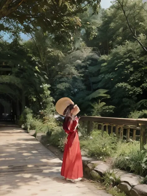 araffe woman in a red skirt and a straw hat standing on a bridge, against the backdrop of trees, standing in a botanical garden, vacation photo, wearing a long flowy fabric, dressed in long fluent skirt, dressed with long fluent clothes, artistic pose, doi...