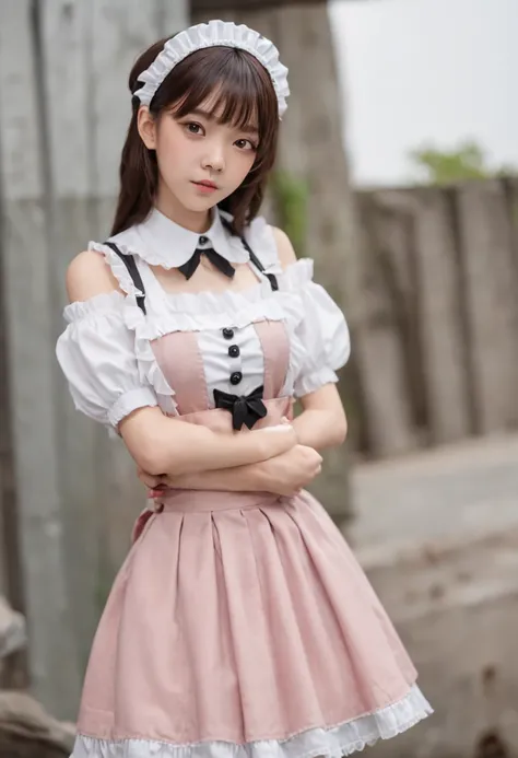 Pink shorthair、Hair is straight、Because of the bangs on the left eye、I cant see my left eye when viewed from the front.、１４About the age、The look of a junior high school girl in Japan、Red eyes、Maid clothes、White collar independent（Ribbon replaces tie）、Bare ...