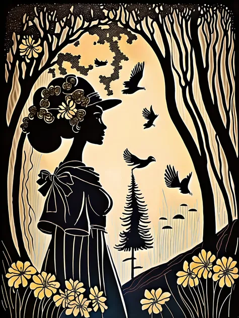 a painting of a person standing in a forest at night with a castle in the background, big moon, river, flowers , by Lotte Reiniger