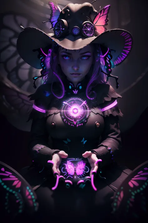 photorealistic illustration, (radial blur with swirl blur:1.7), (super hero witch girl:1.2), (mechanical witch hat:1.4), steampunk, biopunk, bioluminescent, magic, photorealism, absurd resolution, chromatic aberration, magnificent panorama view, black ligh...