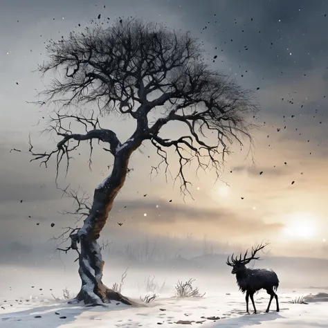 Two crows on a dead tree, A shadow shaped like a walker, Starry night, Thick fog on the ground, Blue light on the horizon, Unreal Engine 5, Cinematic, low angle photography, Motion blur, Depth of field, Dust, Cobblestones and dirt. Splash Art, dripping pai...