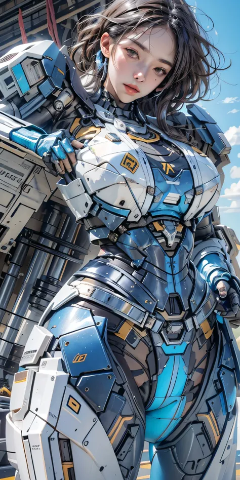 photorealistic, high resolution, soft light,1women, solo, hips up, (detailed face),blue sky, mecha armor, mechanic part