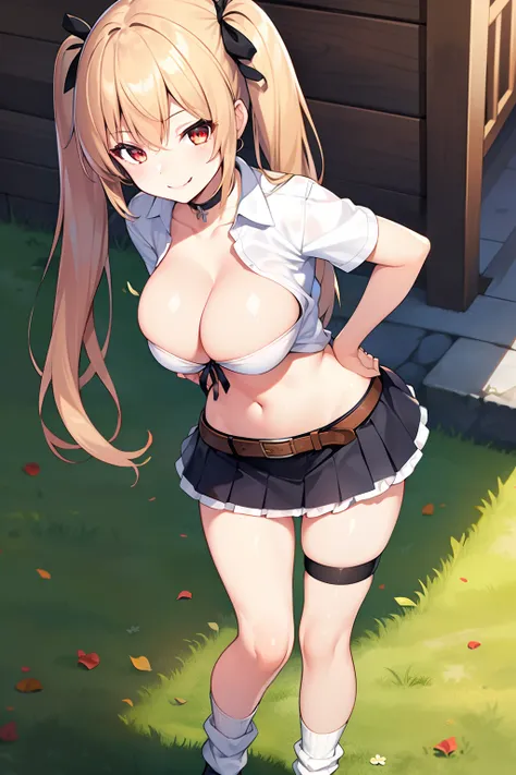 1girl in, (Solo:1.2), (Perfect body:1.1), (Best Quality:1.1), Cute Girl, Tsundere:1.1, (student clothes:1.4), (tiered layers skirt:1.2), very large breast, a blond, Long twintails, Black Ribbon Hair Fastening, Tsuriformes, sharp eye, Sanpaku eyes, (Seducti...