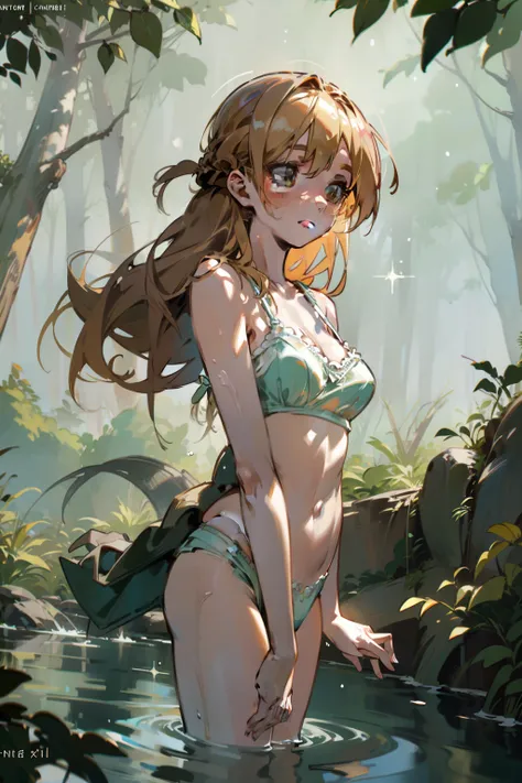 sfw,Girl with blonde hair and freckles,Girl swiming In The forests river,1girl in,Blonde hair,Side tail,offcial art,Unity 8k,ultra-detailliert,Beautiful and aesthetic,masutepiece,top-quality,dynamic ungle,cowboyshot,Timost Beautiful Chaos Formo,Elegant,Abr...