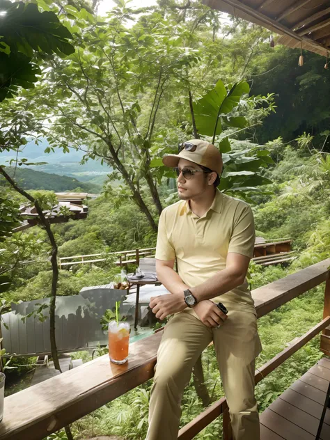 there is a man sitting on a deck with a drink, chill time. good view, moutain in background, forrest in background, with mountains in the background, paradise in the background, forrest in the background, jungles in the background, vacation photo, in front...