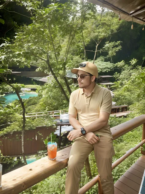 there is a man sitting on a deck with a drink, chill time. good view, moutain in background, forrest in background, with mountains in the background, paradise in the background, forrest in the background, jungles in the background, vacation photo, in front...