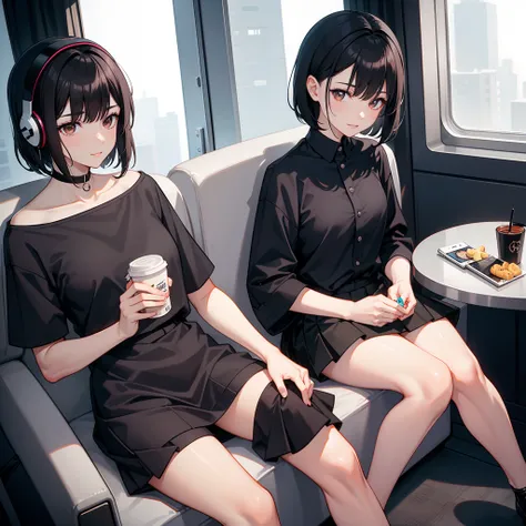 A short black haircut，with brown eye，Wears black short sleeves，short  skirt，Sit in the ministry，Listen to music with headphones，Eating small snacks，A happy look，Enjoyed the look