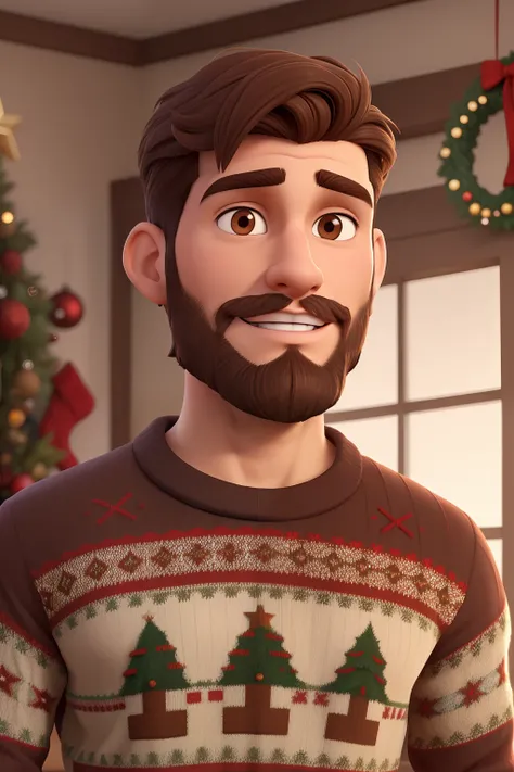 A man mid 30s, with crew-cut brown hair, long stubble beard, brown eyes, angular jaw, lean body, mature and handsome, wearing a Christmas sweater. 3d cartoon