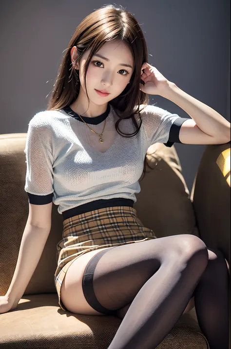 Ultra-realistic 8K CG，face perfect，flawless perfection，ren，tmasterpiece，professionalartwork，famousartwork，face perfect，beauitful face，beautidful eyes，Realistic schoolgirl in skirt, (Wearing pantyhose), sitting in the couch、Japanese Models, (thighhighs and ...