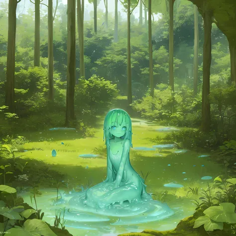 1girll, Solo, no clothes,Slime girl, mud ground (substance), Blue skin, (Green hair:1.2), , Sitting, Outdoors, forest, view the viewer, Smile