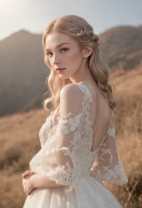 1 beautiful girl, full bodyesbian, standing photo, White wedding dress, Soft dress, Stand in front of Mt. Fuji, blond hairbl, Blue eyes, Wavy hair, Masterpiece, Diffuse flex illumination, Portrait, Best quality (Perfect face:1.4), Ultra-realistic highly de...