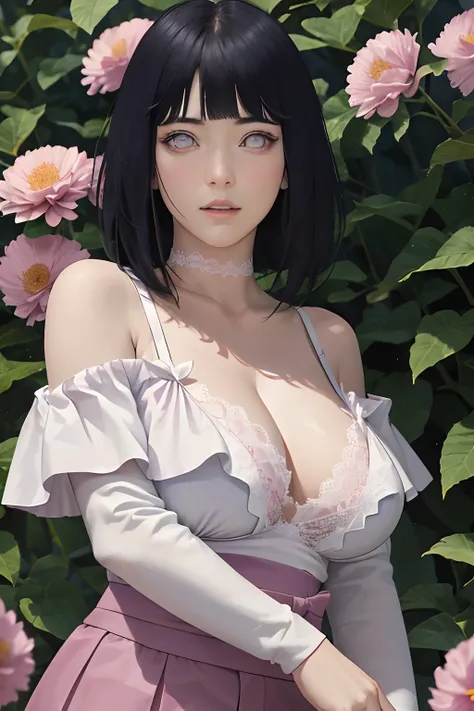 masterpiece, absurdres, hinata(boruto), 1girl, solo,mature female, off-shoulder strap lace bra, high waist short skirt, looking at viewer, (falling petals), perfect composition, detailed lips, big breast, beautiful face, body propotion, blush, (pink lips),...