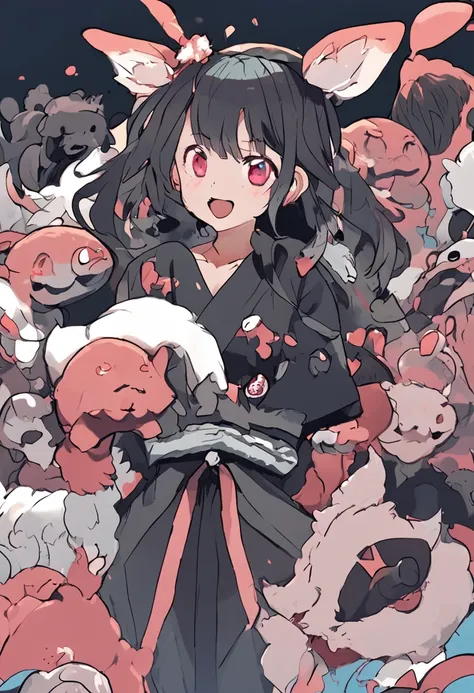 black hair, hair bobbles, wince, longeyelashes, solid circle eyes, fake animal ears, light smile, ear blush, fang, messy hair, hair ornament, bell, happy tears, animal ears, angry, smile, shy, glint, Surrealism, drop shadow, anaglyph, stereogram, tachi-e, ...