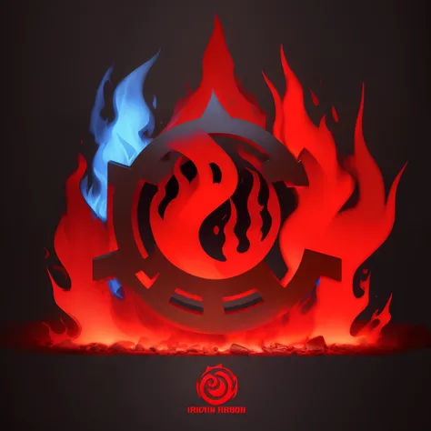 Fire logo, iron, red and blue lighting, dark background