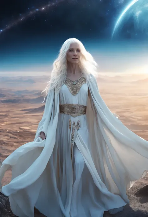 "Awakening: A celestial, saintly woman with albino white hair and blue eyes adorned in a flowing white cloak. The ethereal beauty of her presence is magnified against the backdrop of a vast expanse of blue outer space in stunning 8K resolution."