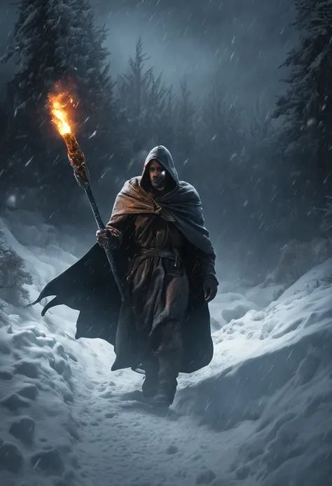 A man protected by his cloak amid the darkness of a winter night holding a torch and a sword chased by demons as he traversed a blizzard