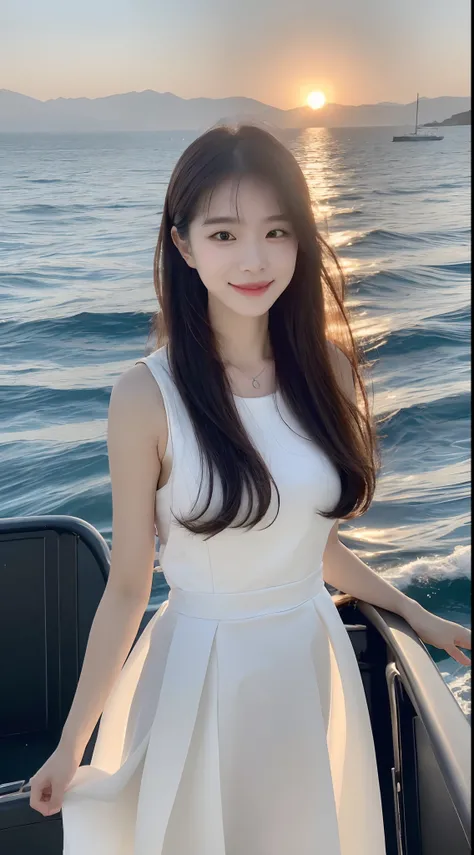 (1 Korean star with royal sister style), ((Best quality, 8K, 巨作: 1.3)), focal point: 1.2, Perfect body proportions: 1.4, (Make a smile), (Sunset: 1.3),  Watery eyes, Highly Detailed Face and Skin Textur, Fine eyes, Double eyelids, Whitens the skin, (long w...