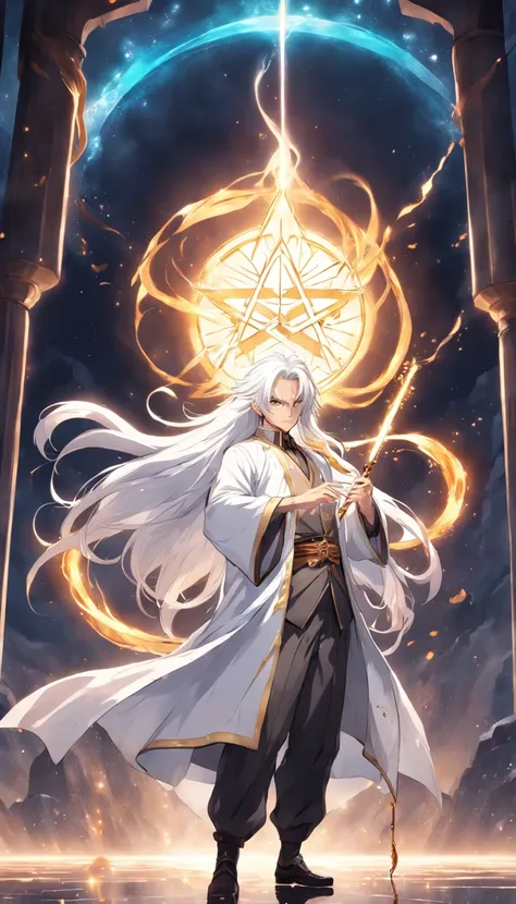 A magician，In a pure white space of your own creation，Long white hair，white  shirt，Strings of golden runes floated behind him。Holding a mahogany wand，Cast super magic