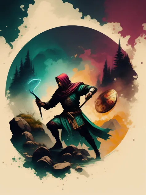 um mago jogando video game, Arte da camiseta 2D, RPG Medieval, epic illustration, vetor, 2d illustration, fundo preto, muito colorido, cores modernas full gradient, concentrado, Front view