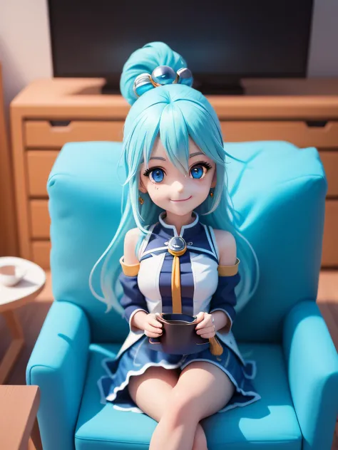 (Masterpiece),(Best quality),(Ultra-detailed), (full bodyesbian: 1.2), 1girll(Aqua_konosuba), tchibi,Cute, Smile, light blue long hair, Blue eyes, earring, Blue shirt, Blue skirt, Lace socks, (Sit on a red sofa), Smile, In front of the sofa is an elegant b...