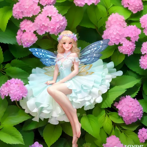 Hydrangea fairy, wonderland style, fantasy, fantasy world, hydrangea fairy, lots of details, beautiful