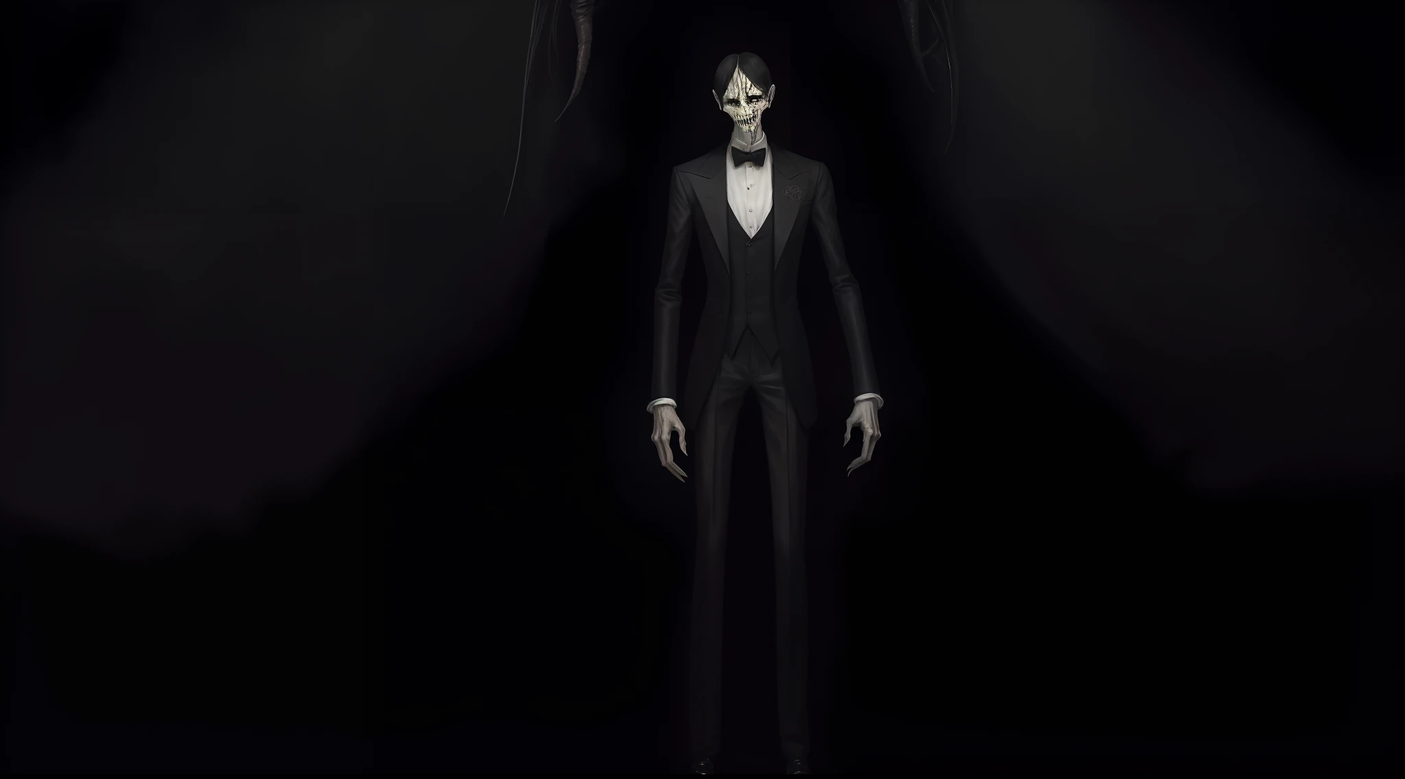 A slender and tall figure with long arms reaching down to his knees, eyes yellow and devilish, a hauntingly large and wide grin, standing in darkness, bewildered & black hair, while wearing a dinner jacket resembling a butlers attire