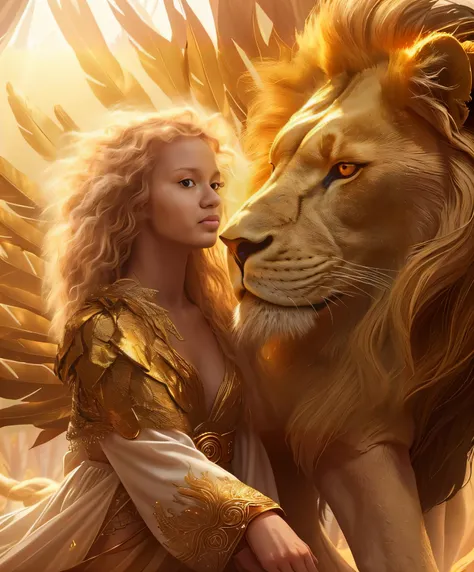 A woman in a golden dress stands next to a lion, gorgeous goddess of leo, Graphic artist Magali Villeneuve, Magali Villeneuve», karol bak uhd, with the mane of a lion, Directed by: Galen Dara, Directed by: Magali Villeneuve, lion warrior, amazing fantasy a...