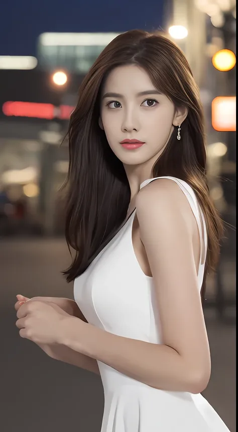 ((Realistic lighting, Best quality, 8K, Masterpiece: 1.3)), Focus: 1.2, 1girl, Perfect Figure: 1.4, Slim Abs: 1.1, ((Dark brown hair)), (White dress: 1.4), (Outdoor, Night: 1.1), City streets, Super fine face, Fine eyes, Double eyelids,