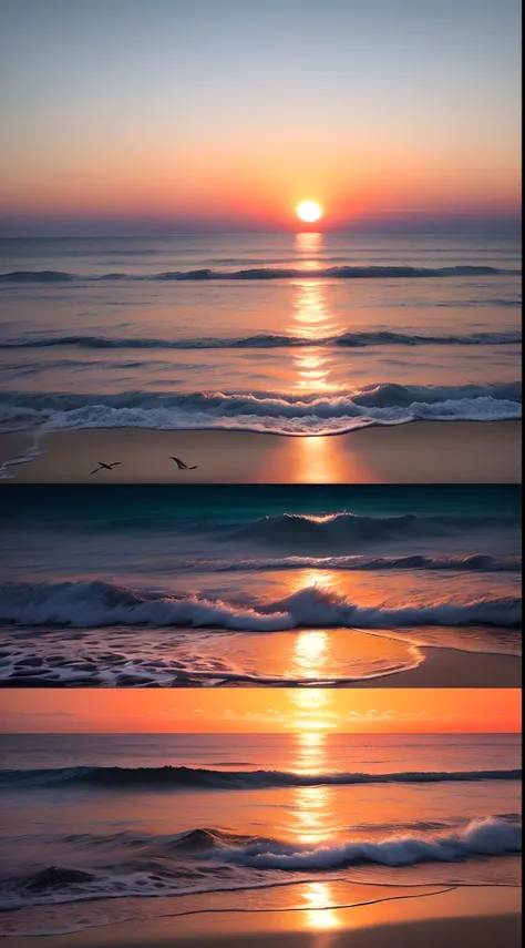 There is an absolutely fascinating sunset on the beach, and the sky is a mixture of orange, pink and yellow. The sea is crystal clear, kissing the shore gently, and the white beach is endless. The scene is very dynamic and breathtaking, with seagulls soari...