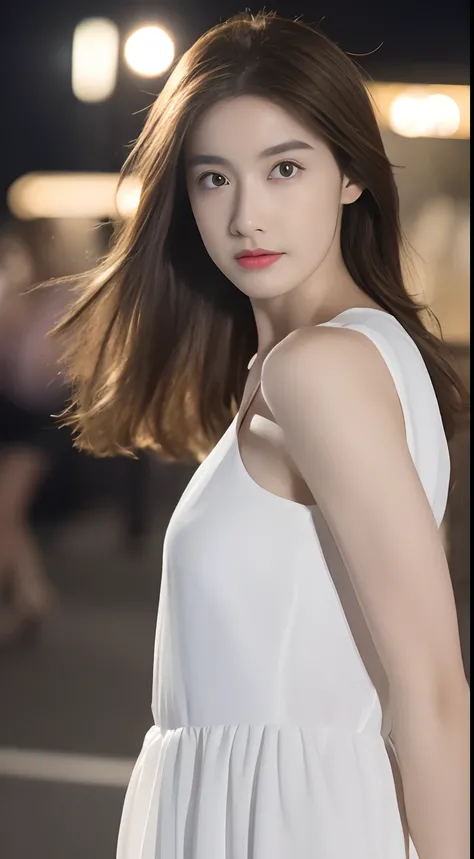 ((Realistic lighting, Best quality, 8K, Masterpiece: 1.3)), Focus: 1.2, 1girl, Perfect Figure: 1.4, Slim Abs: 1.1, ((Dark brown hair)), (White dress: 1.4), (Outdoor, Night: 1.1), City streets, Super fine face, Fine eyes, Double eyelids,