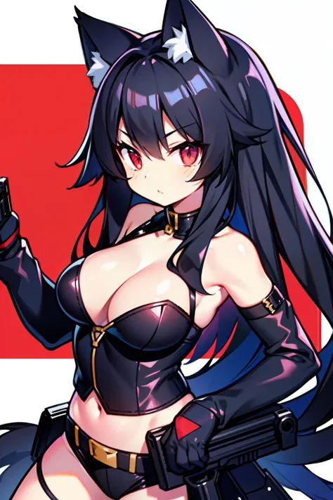 Black hair, Cat ears, Cat girl, Red eyes, commando，holding gun