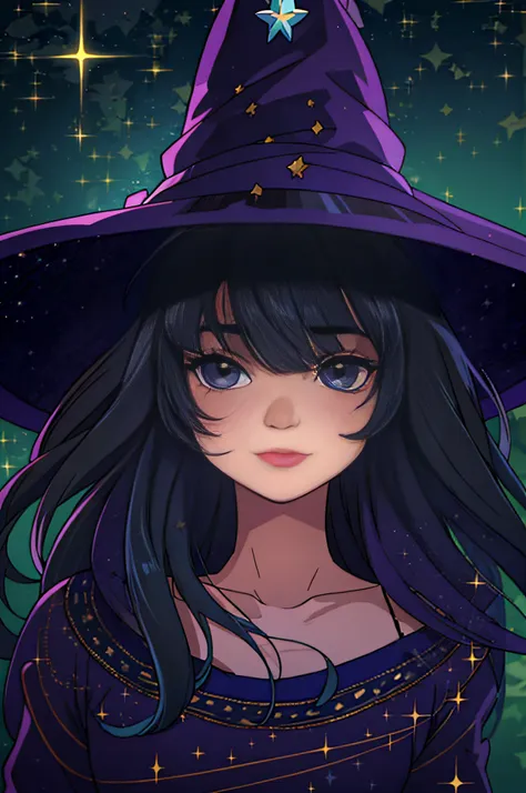 (closeup face) of a (cute:1.5) witch, wide hat, (long bangs) covering the eye, (black hair), starry night background