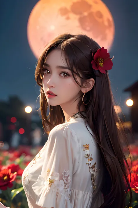 1girl, blurry, blurry_background, brown_eyes, brown_hair, depth_of_field, earrings, flower, full_moon, hair_flower, hair_ornament, lips, looking_at_viewer, moon, moonlight, night, night_sky, outdoors, red_flower, red_moon, sky, solo