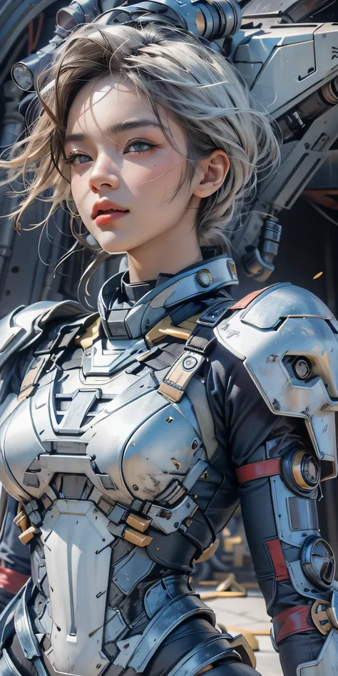 photorealistic, high resolution, soft light,1women, solo, hips up, (detailed face),blue sky, mecha armor, mechanic part