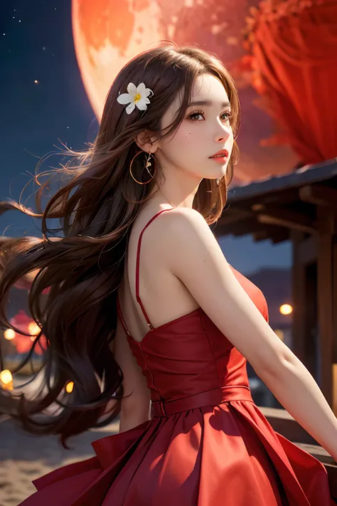 1girl, blurry, blurry_background, brown_eyes, brown_hair, depth_of_field, earrings, flower, full_moon, hair_flower, hair_ornament, lips, looking_at_viewer, moon, moonlight, night, night_sky, outdoors, red_flower, red_moon, sky, solo