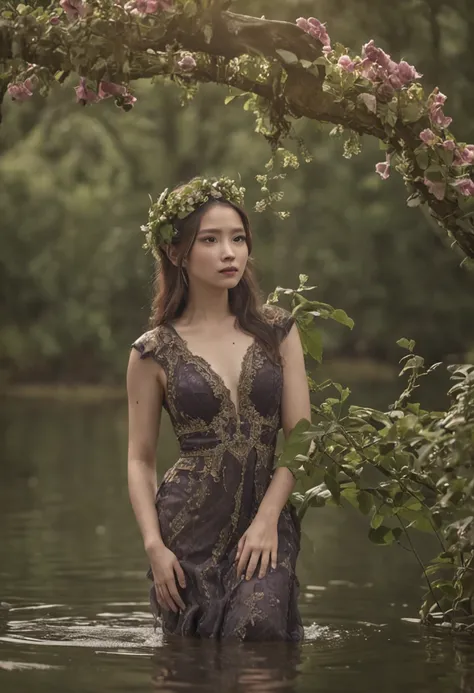 ChineseGirl(Light magic:1.2), (Grim:1.1) forest, springtime, (Intricate details), Mirror-like lake，(ultra - detailed), 8k hdr, high detal, A lot of detail, High quality,Tyndall effect， (Colored:1.3)