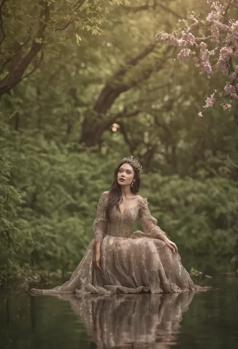 ChineseGirl(Light magic:1.2), (Grim:1.1) forest, springtime, (Intricate details), Mirror-like lake，(ultra - detailed), 8k hdr, high detal, A lot of detail, High quality,Tyndall effect， (Colored:1.3)