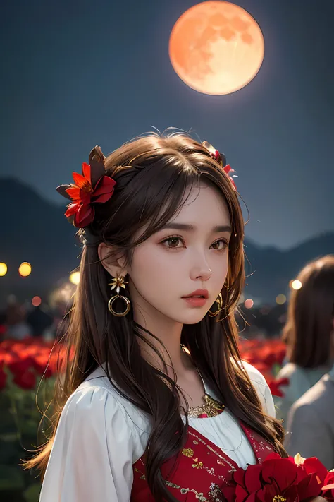 1girl, blurry, blurry_background, brown_eyes, brown_hair, depth_of_field, earrings, flower, full_moon, hair_flower, hair_ornament, lips, looking_at_viewer, moon, moonlight, night, night_sky, outdoors, red_flower, red_moon, sky, solo